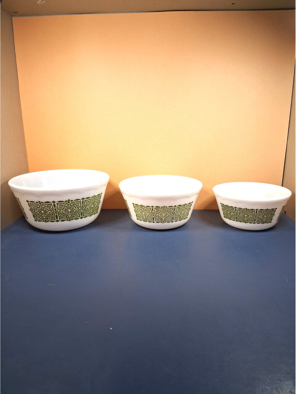 Vintage Hazel Atlas Milk Glass Mixing Bowls Set of 3 Green Geometric Pattern